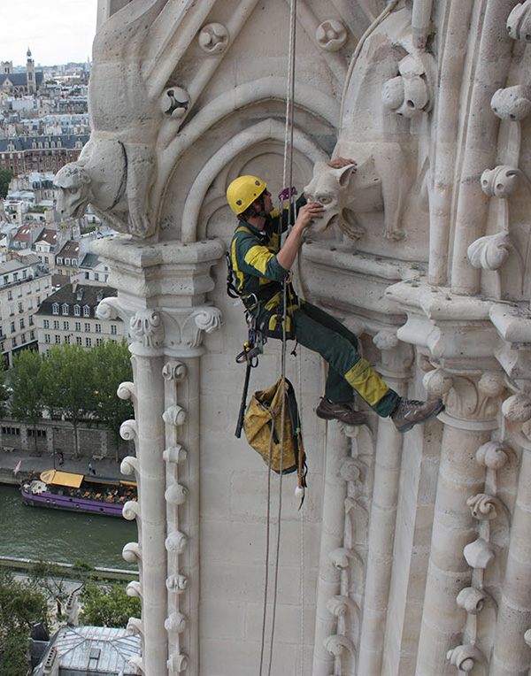 Cordiste sur Notre dame de paris sur Paris